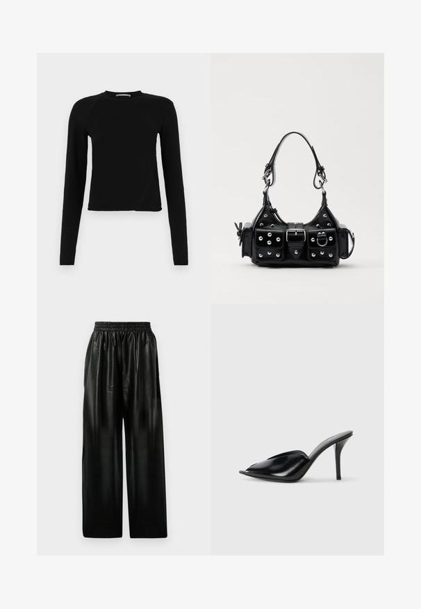 Zwarte lange mouwen crop top van zachte stof, met een ronde halslijn en een licht asymmetrische zoom met een subtiele logo-detail.; Zwarte leren wijde broek met een elastische tailleband, voorzien van twee zijzakken en een gladde, glanzende textuur.; Zwarte leren muiltjes met hoge hakken, open teen, spitse vorm, gladde textuur en een slanke stiletto-hak.; Zwarte lederen handtas met een gebogen ontwerp, voorzien van zilveren studs, een gesp en twee zijvakken. Verstelbare schouderband voor verschillende draagmogelijkheden.