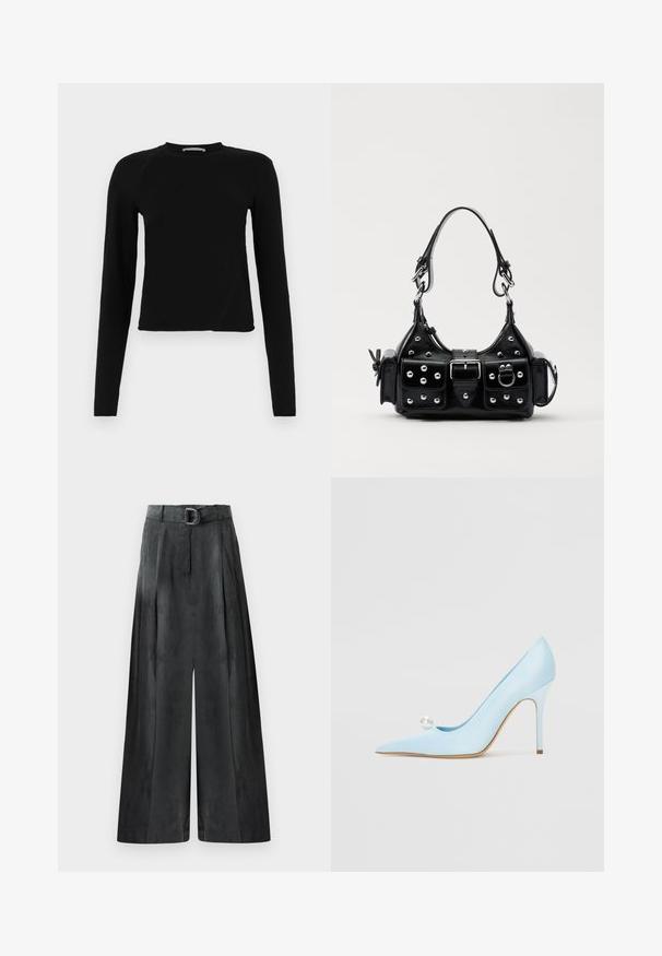 Top corto a manica lunga nero realizzato in tessuto morbido, con scollo rotondo e orlo leggermente asimmetrico, con un sottile dettaglio del logo.; Pantaloni a gamba larga di un grigio scuro, con una texture liscia, pince e una cintura con una fibbia argentata in vita alta.; GIABORGHINI Decolleté - blue; Borsa a mano in pelle nera con design curvo, caratterizzata da borchie argentate, una fibbia e due tasche laterali. Tracolla regolabile per diverse opzioni di trasporto.