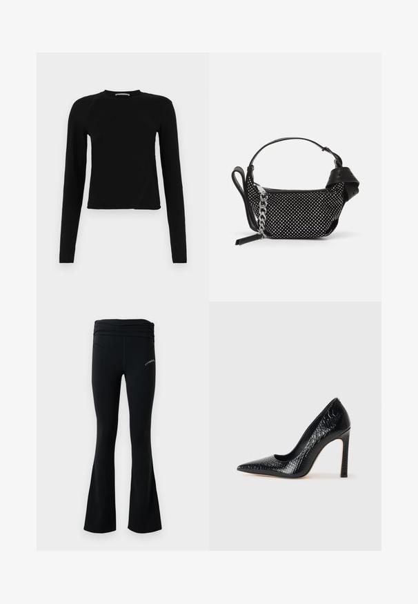 Črn dolgi rokav prirezani zgornji del iz mehkega materiala, ki ima okroglo ovratnik in rahlo asimetričen spodnji rob z diskretnim logotipom.; Črne razširjene jogijske hlače z nabranim pasom in majhnim belim logotipom na zgornjem stegnu, prikazane na enostavni beli podlagi.; Črne čevlje z visoko peto in konico v obliki puščice, z teksturo krokodilje kože, ki se ponašajo s sleek oblikovanjem, visokim stiletto peto in gladkim črnim notranjostjo.; Črna torbica z okrasnimi žebljički, verižnim trakom in gladkim usnjenim ročajem, zaokrožene oblike z zaklepanjem na zadrgo.