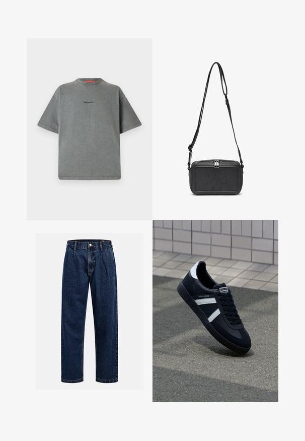 Replay Inc. Lihtne T-särk - stoned grey; Tumed sinine denimiteksad sirge lõikega. Omavad nähtavat tikandit, nuppe sulgemiseks ning ees olevaid voldikesi lisadetailiks.; Must have musta sneaker musta valgete triipudega, tekstuurne kummitald ja nööridega esiosa. Omab bränditud märki keele peal.; Musternast mustriga nahast ristiõlgadega kott, millel on tõmbluku sulgemine, esiküljel on sissepressitud logo ja reguleeritav rihm. Sile tekstuur ja ristkülikukujuline kuju.