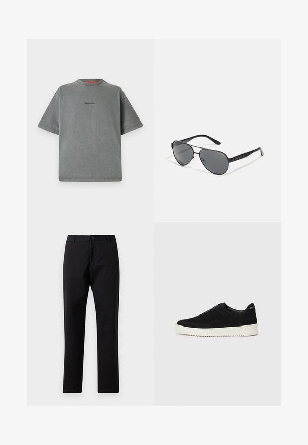 Replay Inc. Jednoduché tričko - stoned grey; Černé rovné kalhoty se zapínáním na knoflík a zip, s poutky na opasek a předními kapsami, vystavené na bílém pozadí.; Černé semišové tenisky s krajkovým designem a kontrastní bílou gumovou podrážkou. Obsahují texturované boční panely a jemné branding na patě.; Černé pilotní sluneční brýle s tmavými skly, tenkým kovovým rámem a štíhlými plastovými stranami s akcenty loga.