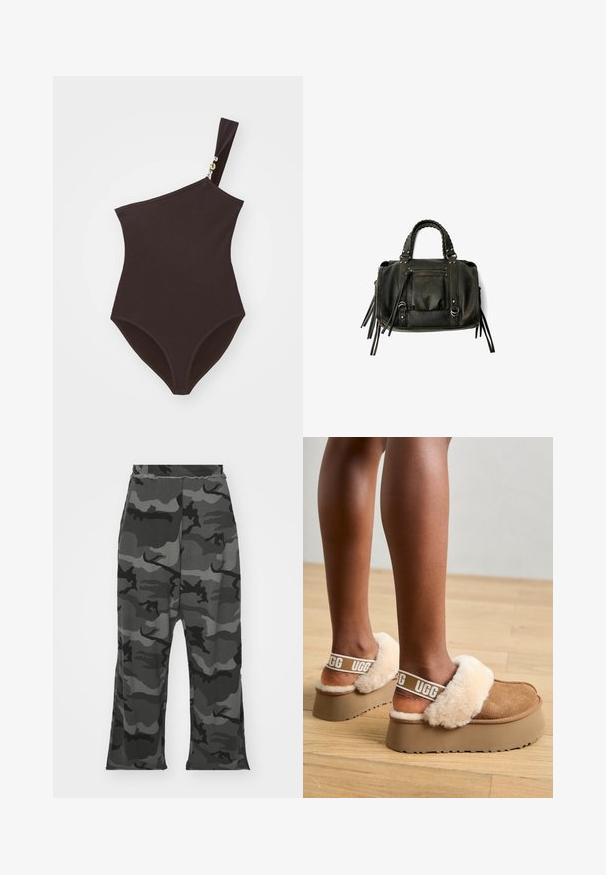 Één-schouder bruin badpak van ribstof met een gouden accent op de band. Heeft een hoge beenuitsnijding en een aansluitend ontwerp.; Camo joggers in zwart- en grijstinten, met een elastische tailleband, een ruime pasvorm en lichte spltits aan de onderkant van de benen.; Bruine platformslippers met een met bont gevoerde band en zachte beige bontaccenten. Bevat een logo op de band en een gestructureerde buitenzool.; Zwarte lederen handtas met gevlochten handvatten, ritsvak en hangende franjes. Gelaagde oppervlakte met metalen studs en hardwareaccenten.