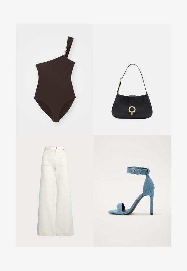 Μαγιό με έναν ώμο σε καφέ χρώμα κατασκευασμένο από ριχτό ύφασμα με χρυσή λεπτομέρεια στη τιράντα. Διαθέτει ψηλή κοπή ποδιού και εφαρμοστή σχεδίαση.; Πλατύ πόδια τζιν σε εκρού τζιν. Σχεδίαση με ψηλή μέση, κλείσιμο με κουμπί, δύο μπροστινές τσέπες και λεπτομέρειες με αντίθεση ραφής.; Μπλε τζιν ψηλοτάκουνη σάνταλη με λουράκι στον αστράγαλο και κούμπωμα με κουμπί. Διαθέτει τετράγωνη μύτη και μαύρη σόλα για αντίθεση.; Μαύρη δερμάτινη τσάντα χειρός με καμπυλωτό σχήμα, κοντό λουρί, κεντρική χρυσή μεταλλική λεπτομέρεια και απαλό υλικό. Χωρίς εμφανή σχέδια ή λεπτομέρειες.