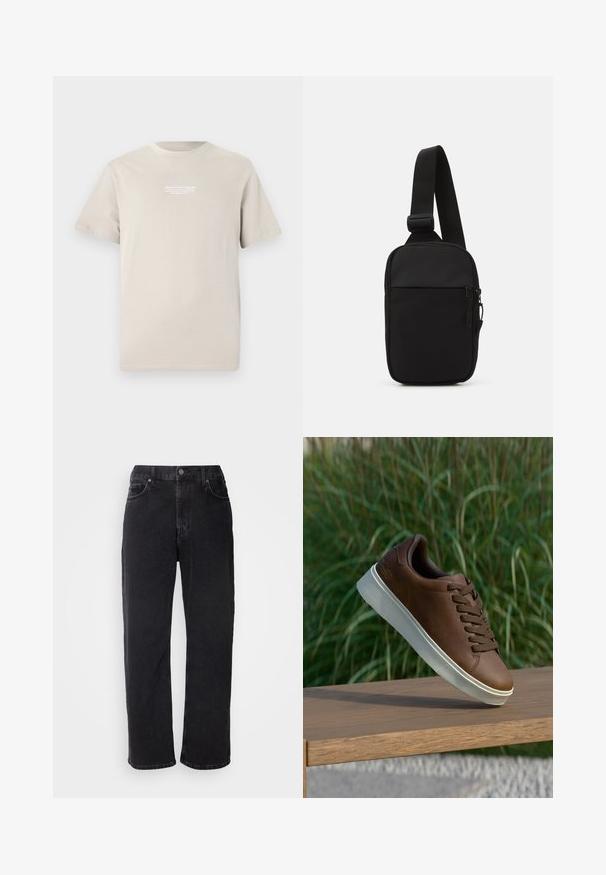 T-shirt in cotone beige con maniche corte, collo rotondo e un piccolo logo bianco stampato sulla parte superiore del petto.; Jeans in denim nero con taglio dritto, cinque tasche e cuciture a contrasto. Presentano una chiusura con bottone e passanti per cintura sulla vita.; Sneaker in pelle marrone con suola in gomma bianca, punta arrotondata e lacci marroni. Grip testurizzato sulla suola e finitura liscia sulla parte superiore.; Borsa a tracolla nera realizzata in tessuto resistente, con una singola tracolla regolabile, un compartimento principale con zip e una tasca frontale.