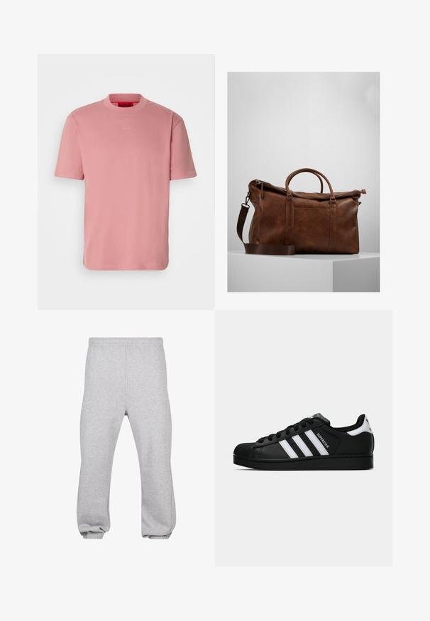 Rosa bomull T-skjorte med rund hals, korte ermer og en liten hvit logo "HUGO" sentrert på brystet. Jevn tekstur.; Grå joggebukser laget av bomullsblanding, med elastisk midjebånd, smale ben og ribbede mansjetter. Enkelt design uten mønstre.; Svart Adidas Superstar sneakers med hvite striper, skalltå og "Superstar" tekst på siden, vist i sideprofil på hvit bakgrunn.; Brun lær duffelbag med glidelås, doble håndtak, justerbar skulderreim og synlige teksturmønstre på overflaten.