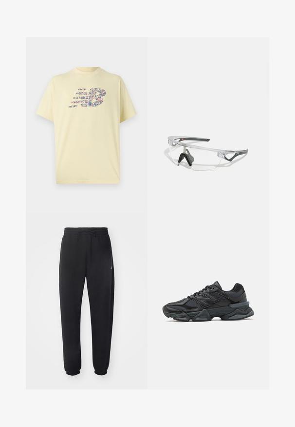 Žluté bavlněné tričko s kulatým výstřihem a krátkými rukávy. Obsahuje grafiku loga "NB" složeného z barevných tvarů.; Černé tepláky z měkkého materiálu s elastickým pasem, šňůrkou na stažení a zužujícími se manžetami, s jemným logem na boku.; Černá běžecká bota s kombinací síťoviny a syntetických materiálů, masivní podešev, zakřivený design a výrazné logo na boku.; Průhledné ochranné brýle s lehkým, transparentním rámem a šedými akcenty. Mají design přes hlavu a nastavitelný nosník.