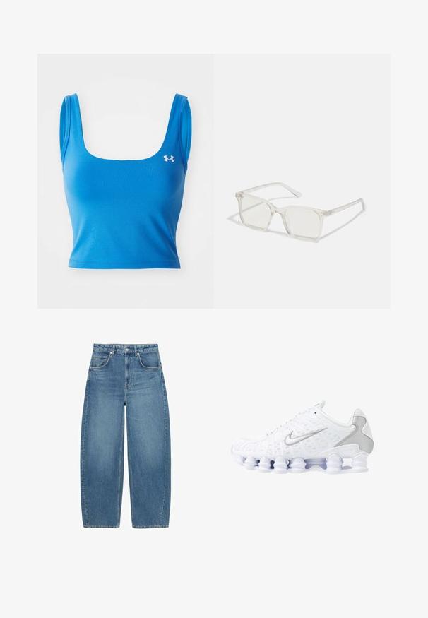 Blauwe sportieve crop top met een vierkante halslijn en dunne bandjes. Gemaakt van een gladde, stretchstof. Heeft een logo aan de linkerkant.; Lichtblauw overhemd met witte strepen, voorzien van een bijpassende stropdas. Lange mouwen, traditionele kraag en een gebogen zoomontwerp.; Blauwe hoge taille wijde jeans met voorkruiden en knoopsluiting, plat weergegeven op een witte achtergrond.; Witte sportieve schoenen met een bovenwerk van mesh, zilveren accenten en een unieke spiraalzoolontwerp. Voorzien van een gevoerd kraag en vetersluiting voor een goede pasvorm.; Heldere plastic vierkante monturen met doorzichtige glazen, gekenmerkt door gouden accenten op de slapen voor extra detail.; Blauwe gewatteerde denim schoudertas met een gouden kettingstrap en een opvallend gouden logo accent op de voorkant. Compact rechthoekig van vorm.