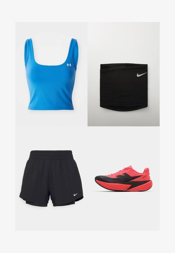 Zila sporta kroptopa ar kvadrātveida dekoltē un plānām siksnām. Izgatavota no gludas, elastīgas auduma. Ar logotipu kreisajā pusē.; Melni sporta šorti ar savelkamu elastīgu jostasvietu, iekšējo oderi un baltu Nike logotipu kreisajā apakšējā stūrī. Gluda, viegla auduma.; Skriešanas apavi ar spožu rozā virsu un melniem akcentiem. Iezīmē izsmalcinātu dizainu, vieglu zoli un FUELCELL zīmolu sānos.; Melnā sportiskā josta ar rievojumu tekstūru, kurai labajā pusē ir neliels balts Nike swoosh logo. Gluda, pieguļoša dizaina.