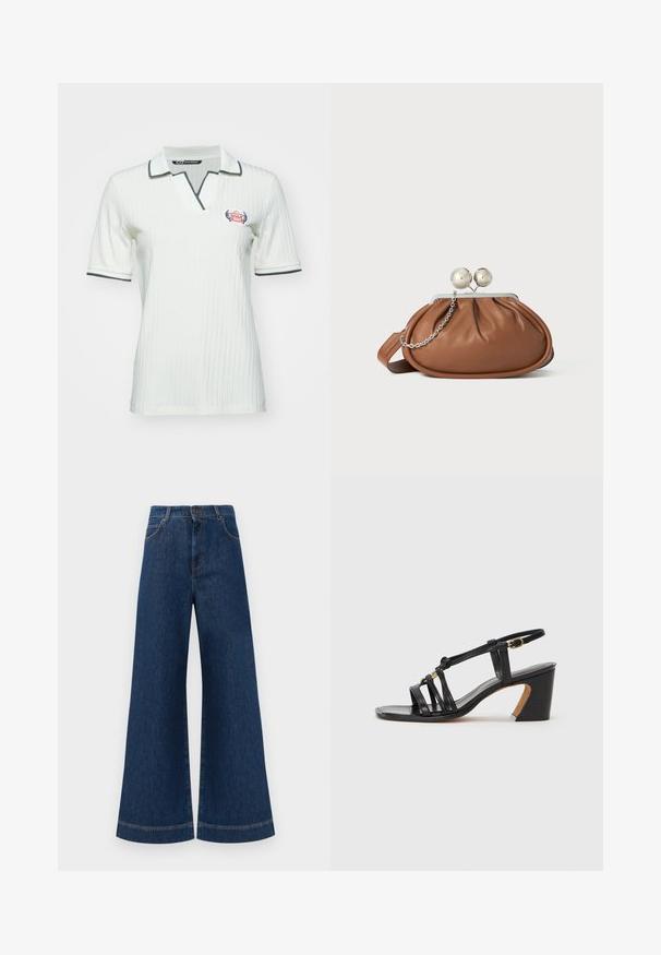 EA7 Emporio Armani GOLF CLUB - Polokošeľa - star white; Modré denimové nohavice so širokými nohavicami a vysokým pásom, ktoré majú gombíkový zapínanie, pútka na opasok a jemné švy pozdĺž vreciek a lemov.; Paul Smith AMIRA - Klasické lodičky na opätku - black; Hnedá kožená kabelka s strieborným guľovým zapínaním a malým strieborným reťazom na bielom pozadí.