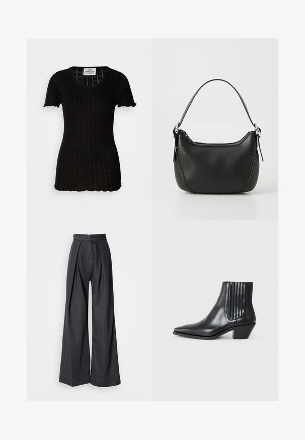 Black short-sleeve top with a ribbed texture, featuring heart patterns. Rounded neckline and scalloped edges at sleeves and hem.; Wide-leg black denim trousers with a high waist, featuring front pleats and a classic zip closure. Crisp, smooth texture with a clean finish.; Black leather ankle boot with pointed toe, elastic side panels with vertical grooves, and a low block heel. Smooth texture and sleek design.; Black leather handbag with a curved shape, silver zipper, and a short handle. Features a subtle logo on the front and smooth texture.