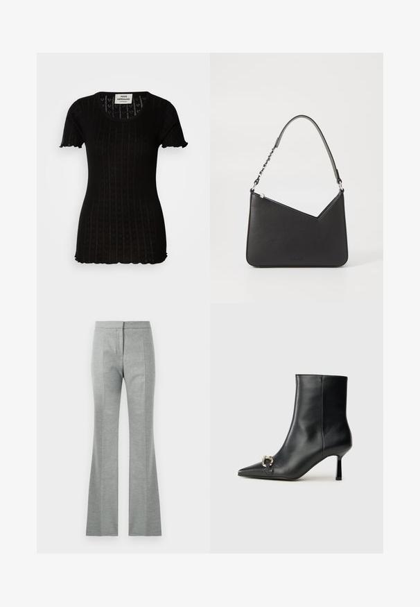 Črna majica s kratkimi rokavi z rebrasto teksturo, ki ima vzorec srčkov. Okrogel izrez in valoviti robovi na rokavih in robu.; Sive flared hlače z navpičnimi šivi, narejene iz mehkega, teksturiranega materiala. Imajo oprijet pas in gladek zaključek.; Črne usnjene gležnjarje s koničastim nosom, ozkim srednjem petam in srebrno zaponko na strani na enobarvni podlagi.; Črna usnjena torbica s trikotno obliko, ozkim trakom in srebrnimi dodatki. Ima zadrgo in vtisnjen logotip spredaj.