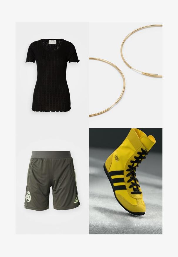 Crni kratki rukav majica s rebrastom teksturom, s uzorcima srca. Okrugli izrez i valoviti rubovi na rukavima i donjem dijelu.; Tamnozelene atletske kratke hlače s elastičnim pojasom, sa bočnim džepovima i svijetlozelenim logotipom na donjoj lijevoj nozi.; Visoki tenisice napravljene od žutog sintetičkog materijala, sa crnim vezicama, tri crne pruge i brendiranjem sa strane. Teksturirana gumena potplat.; Zlatne kružne naušnice, tanke i okrugle, s glatkom metalnom površinom bez ukrasa ili uzoraka.