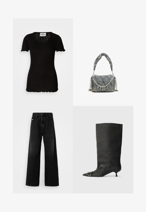 Fekete, rövid ujjú felső, bordázott textúrával, szívmintákkal. Lekerekített nyakkivágás és fodros szél a ujjain és az alján.; Magas derekú, széles szárú fekete farmernadrág, gombos záródással, elülső zsebekkel és kopottas textúrával.; Fekete bőr bokacsizma hegyes orral, kis sarokkal és fémes díszítéssel az orrán. Az egész felületen sima, matt textúra.; Farmer táska steppelt mintával, kék színben, rövid fonott kézi fogantyúval és ezüst lánc pánttal, amelyen fényes márkaneves díszítés található.