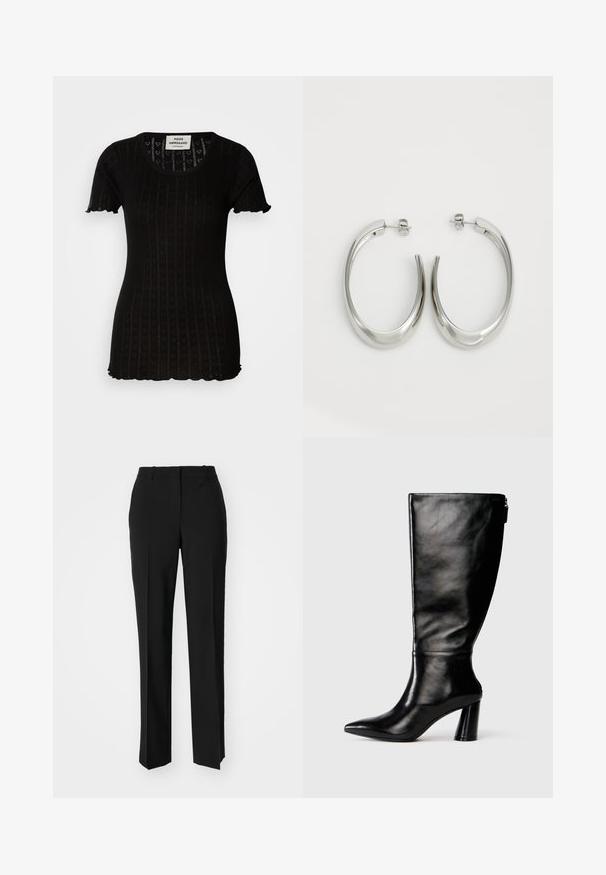 Top scurt negru cu manșete, cu o textură în dungi, decorat cu modele în formă de inimă. Guler rotund și margini valurite la manșete și la tiv.; Pantaloni negri tailor-ed cu un design drept, având o textură fină și cute clare pe față. Fără elemente de prindere vizibile.; Cizme negre din piele până la genunchi, cu vârf ascuțit, textură netedă și toc robust. Include un detaliu cu fermoar la spate.; Cercei din argint, cu un design neted și curbat. Prezintă o finisare metalică strălucitoare și închidere cu stud. Fără modele sau accente vizibile.