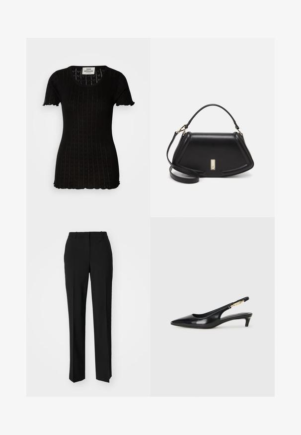 Schwarzes Kurzarmoberteil mit geripptem Material, das Herzmuster aufweist. Rundhals-Ausschnitt und gewellte Kanten an Ärmeln und Saum.; Schwarze, taillierte Hose mit geradem Bein, aus einem glatten Stoff und mit klaren Falten an der Vorderseite. Keine sichtbare Hardware.; Schwarze Leder-Slingback-Pumps mit spitzem Schuhblatt, ausgestattet mit einem schlanken Absatz und einem goldfarbigen Akzent am verstellbaren Riemen. Glatte Textur.; Schwarze Lederhandtasche mit einem strukturierten Design, das eine verkürzte Form, einen oberen Griff und goldfarbene Hardware-Details aufweist. Verstellbarer Schulterriemen ist enthalten.