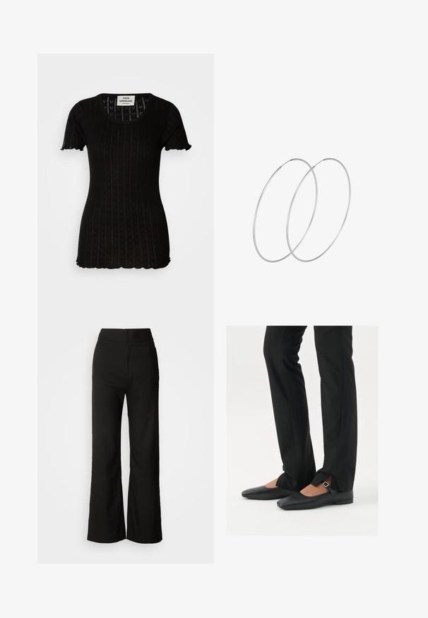 Top negro de manga corta con textura acanalada, que presenta patrones de corazones. Cuello redondeado y bordes festoneados en las mangas y el dobladillo.; Pantalones de pierna ancha negros con una textura suave, cintura alta y un diseño limpio. Sin bolsillos visibles ni adornos.; Bailarinas de cuero negro con punta afilada, correa con hebilla de plata, combinadas con pantalones negros ajustados que presentan un dobladillo con abertura.; Pendientes de aro plateados con un diseño minimalista. Forma circular, textura suave y perfil delgado. Livianos con un acabado pulido.