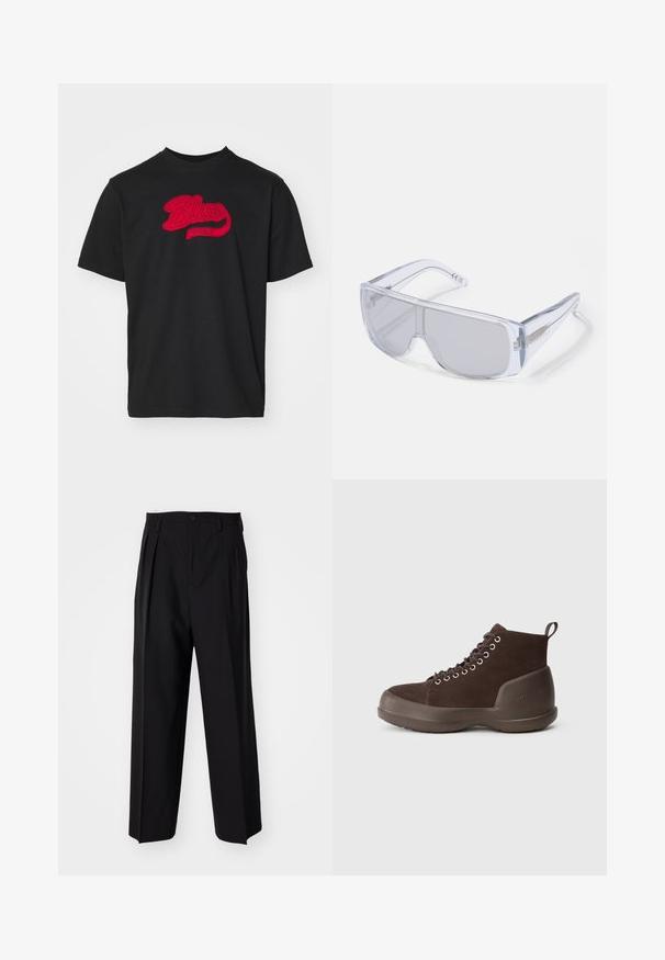 T-shirt de algodão preto com gola redonda, apresentando um logótipo em vermelho bordado "Blue Marble" num design curvado na frente.; Calças pretas plissadas com um design reto e de perna larga. Feitas de um tecido liso, apresentam um fecho de botão e passantes para cinto.; Botas altas em camurça castanha com ilhós em metal, gola almofadada e sola em borracha grossa. Apresenta um laço na parte traseira para facilitar o calce.; Óculos de sol com uma armação de plástico transparente e lentes escuras, apresentando um design envolvente e detalhes texturizados nas laterais.