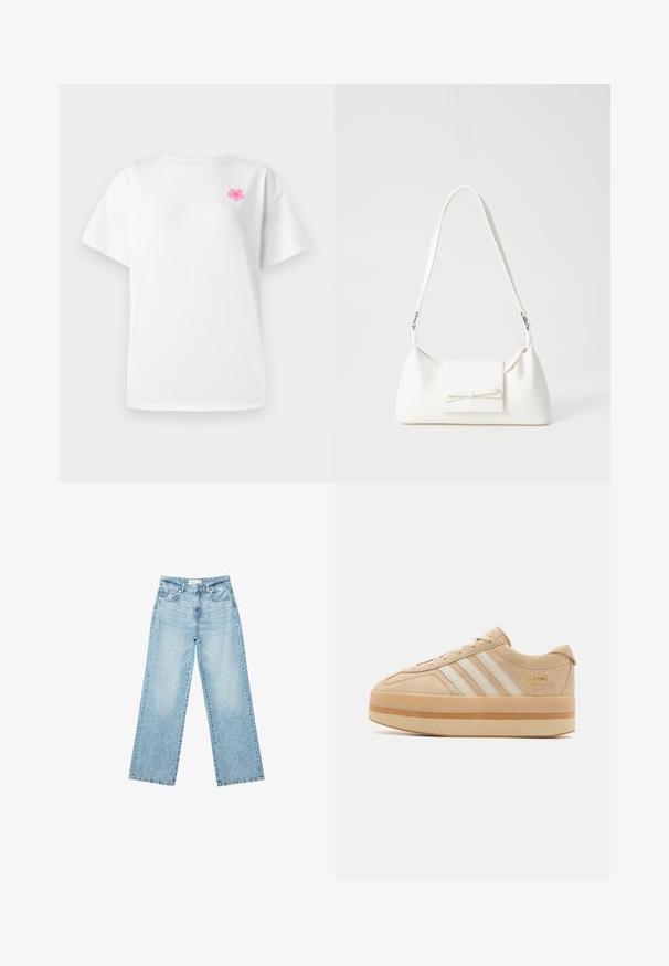 Biele tričko s krátkym rukávom z bavlny s okrúhlym výstrihom, na ktorom sa nachádza malý ružový kvetinový motív na ľavej strane hrude.; Svetlomodré džíny s širokými nohavicami a vysokým pásom, so zosvetlenou úpravou a malými, rozptýlenými poškodenými detailmi po celom obvode.; Bežové semišové platformové tenisky s bielymi tromi pruhmi, okrúhlou špičkou a béžovou gumovou podrážkou s akcentom zlatého loga na boku.; Biela syntetická kabelka s trojuholníkovým tvarom, plochým predným klapkou a detailom mašle, nastaviteľným popruhom, hladkou textúrou a minimalistickým dizajnom.