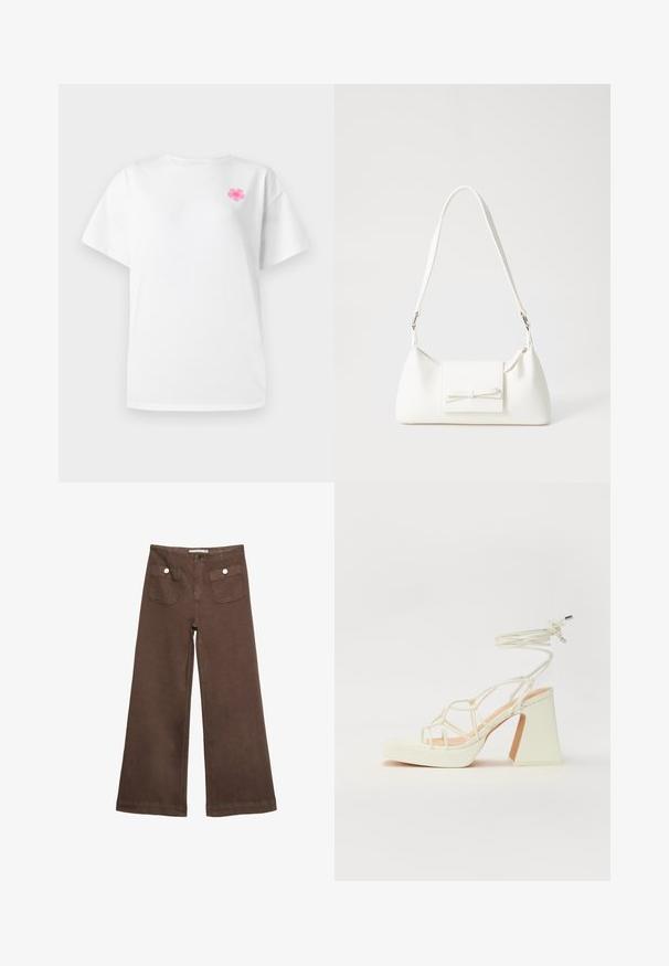 Valkoinen lyhythihainen t-paita, joka on valmistettu puuvillasta ja jossa on pyöreä pääntie. Paita sisältää pienen vaaleanpunaisen kukkakuvion vasemmassa rintapielessä.; Ruske leve bukser i bomuld med to forlommer med sølvknapper og en glat overflade.; Valkoinen korkokenkä, jossa on paksu korko, ja joka sisältää nauhakiinnityksen ja nilkkaketjun. Sujuva pinta, jossa on platform-etupohja lisäkorkeutta varten.; Valkoinen synteettinen käsilaukku, jossa on kolmikulmainen muoto, tasainen etu läppä ja nauhadetail, säädettävä olkahihna, sileä rakenne ja minimalinen muotoilu.