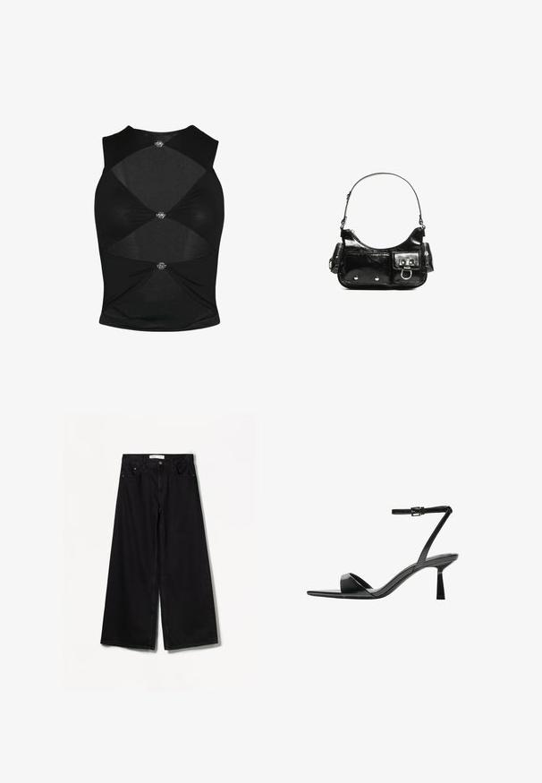 Top sans manches noir avec un design ajusté. Présente des sections découpées et des éléments métalliques décoratifs au centre et sur les côtés. Texture douce.; Bershka WIDE-LEG - Wide Leg - black; Bershka Sandales à talons hauts - black; Sac à main en cuir verni noir avec une forme incurvée, une bandoulière, des poches avant et des accents en métal argenté.