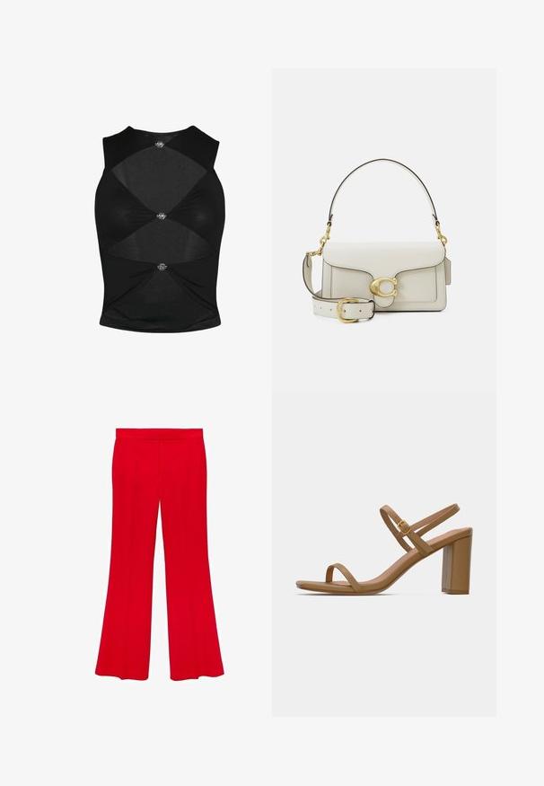 Top senza maniche nero con design aderente. Presenta sezioni ritagliate e accessori in metallo decorativi al centro e ai lati. Texture morbida.; Pantaloni svasati rossi realizzati in un tessuto morbido, con una vita alta e due tasche anteriori. Il design presenta linee pulite e una vestibilità su misura.; Sandali con tacco color marrone chiaro, dotati di due cinturini sottili e di un tacco a blocco quadrato. Materiale liscio con un design minimale e un piccolo dettaglio in oro.; Borsa a tracolla in pelle bianca con dettagli in oro, dotata di chiusura a patta e tracolla regolabile e rimovibile. Accento metallico arrotondato al centro.