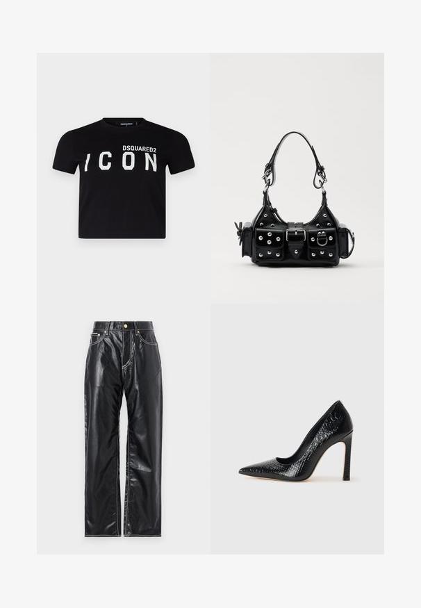 Black cotton T-shirt with a crew neckline. Features bold white lettering "DSQUARED2 ICON" across the front. Short sleeves, standard fit.; Black faux leather pants with a wide-leg cut, featuring white stitching, front pockets, and a gold button at the waistband.; Black pointed-toe high heel shoe with a crocodile-skin texture, featuring a sleek design, high stiletto heel, and smooth black interior.; Black leather handbag with a curved design, featuring silver studs, a buckle, and two side pockets. Adjustable strap for carrying options.