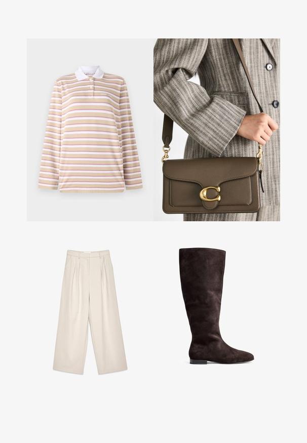 Ilga rankovė polo marškiniai smėlio spalvos su rožinėmis ir baltomis horizontaliomis juostomis, su balta apykakle ir trimis mygtukais. Minkštos tekstūros audinys.; Kreminės spalvos platėjančios kelnių su klostėmis, turinčios glotnų paviršių ir diržo kilpas. Sumažinta iškirptė, siūlanti laisvą aksesuarą aplink kojas.; Rudos zomšos kulkšniams skirti batai iki kelių su lygiu paviršiumi, suapvalintu pirštu ir žemu juodu padu. Paprastas dizainas be puošmenų.; COACH TABBY SHOULDER BAG 26 - Rankinė - dark stone