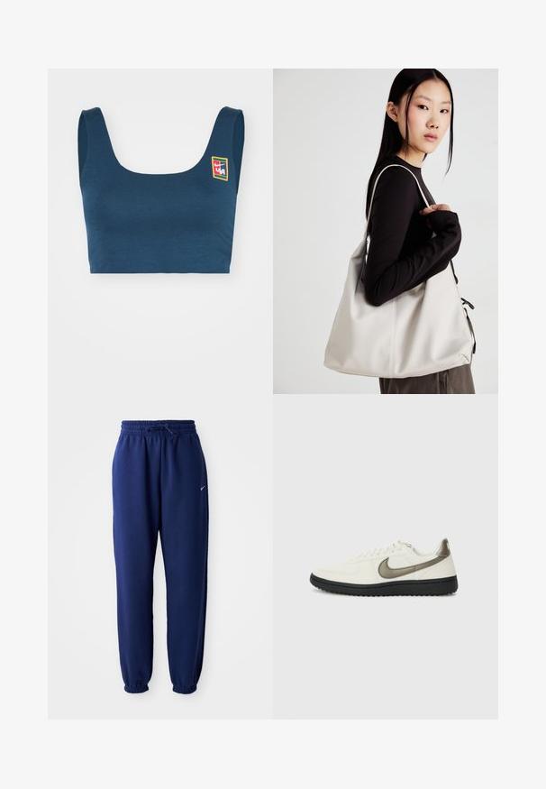 Sötét teal színű sportmelltartó négyzet alakú dekoltázzsal és széles pántokkal. A bal oldalon egy kis, többszínű logó található. sima, rugalmas anyag.; Navy kék sportnadrág puha anyagból, elasztikus derékpánttal és zsinórral, elasztikus mandzsettákkal és egy kis fehér logóval.; Nike Sportswear FIELD GENERAL - Sportcipő - off-white/black; Puha anyagból készült bézs kézitáska, laza dizájnnal, varrott részletekkel és két vállpánttal. Mindennapi használatra alkalmas.