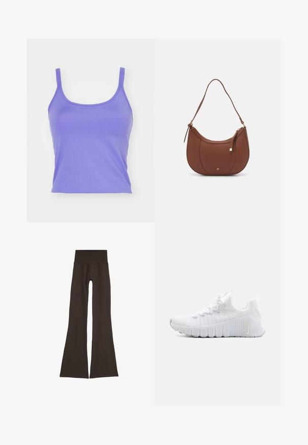 Girlfriend Collective GEMMA SCOOP TANK - Tops - wild iris; Tumši brūni pieguļoši legingi ar platu, ribotu jostas daļu. Izgatavoti no mīksta, elastīga materiāla, ar bezšuvju dizainu un bez redzamām stiprinājuma daļām.; Balti sporta apavi ar teksturētu virsmu, plakanu šņorēšanu un izteiktu gumijas zoli ar vertikālām rieviņām. Uz sāniem ir redzams logotips.; Brūns mākslīgās ādas pleca soma ar izliekta forma, minimāls šuvums un zelta toņa aparatūras akcenti. Aprīkota ar augšējo rāvējslēdzēju un regulējamu siksnu.