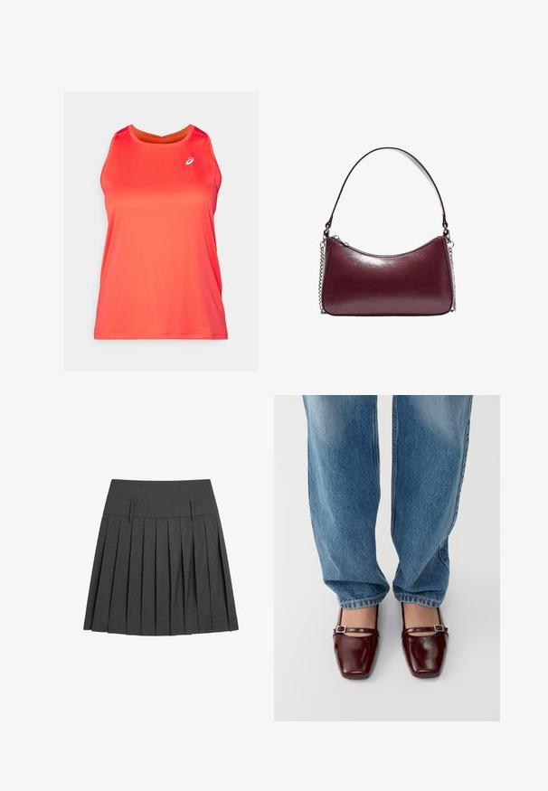 Canotta sportiva rossa brillante con scollatura a girocollo, realizzata in tessuto leggero e texturizzato; presenta un piccolo logo sul lato superiore sinistro.; Gonna grigia plissettata realizzata in tessuto texturizzato, caratterizzata da una vita piatta con due linguette frontali e numerosi plissé verticali per una maggiore voluminosità.; Scarpe in pelle verniciata bordeaux con punta quadrata e cinturino alla caviglia, abbinate a jeans loose-fit di colore blu chiaro. Le scarpe hanno una finitura lucida.; Borsa in pelle bordeaux con forma arrotondata, chiusura con zip e tracolla decorata da catena. Texture liscia con leggero effetto lucido.
