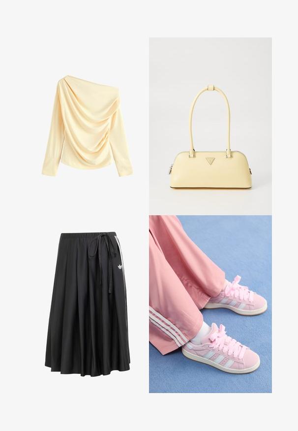 Top crema scollato sulle spalle con tessuto drappeggiato, maniche lunghe e texture liscia. Caratterizzato da una scollatura asimmetrica e dettaglio arricciato.; Gonna nera midi con cintura elastica, lacci laterali, strisce bianche e logo trefoil Adidas sul lato destro.; Scarpe da ginnastica rosa con strisce azzurro chiaro, punta tonda e spesse lacci rosa, abbinate a pantaloni da jogging rosa con strisce bianche ai lati.; Borsa a mano in pelle verniciata gialla con forma arrotondata, manico singolo superiore e una placca logo argentata. Presenta una chiusura con zip e una texture liscia.