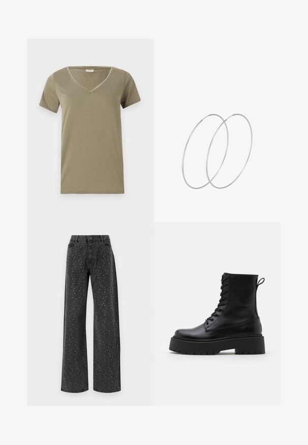 Olīvu zaļas īsām piedurknēm T-krekls ar V-veida kakla izgriezumu un dekoratīvo šuvju ap kakla līniju. Izgatavots no mīksta, viegla kokvilnas auduma.; Noisy May NMJANNEL LOOSE - Brīva piegriezuma džinsi - black denim; Melni ādas potītēm zābaki ar apļveida purngalu, auklām priekšpusē un biezu gumijas zoli ar teksturētu protektoru. Velkšanas cilpa aizmugurē.; Sudraba gredzenveida auskari ar minimālistisku dizainu. Cirkulāra forma, gluda tekstūra un plāns profils. Vieglu svaru ar spīdīgu apdari.
