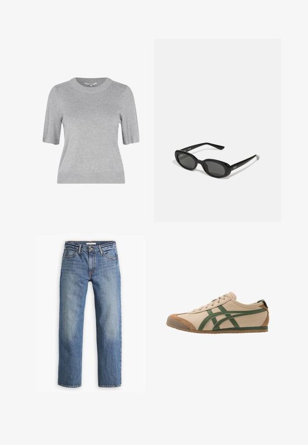Šedý pletený svetr s krátkým rukávem, kulatým výstřihem a žebrovanými manžetami. Materiál má hladkou strukturu a jednoduchý, čistý design.; Světle modré džíny z denimu, rovný střih, střední pas, pět kapes, tónová nit a knoflíkový zip.; Béžové kožené tenisky se zelenými akcenty, s kulatou špičkou, plochou podrážkou a semišovými detaily na špičce a patě.; Černé sluneční brýle s oválnými objektivy, lesklý plastový rám a štíhlé nožičky. Na boku se nachází bílé logo Ray-Ban.