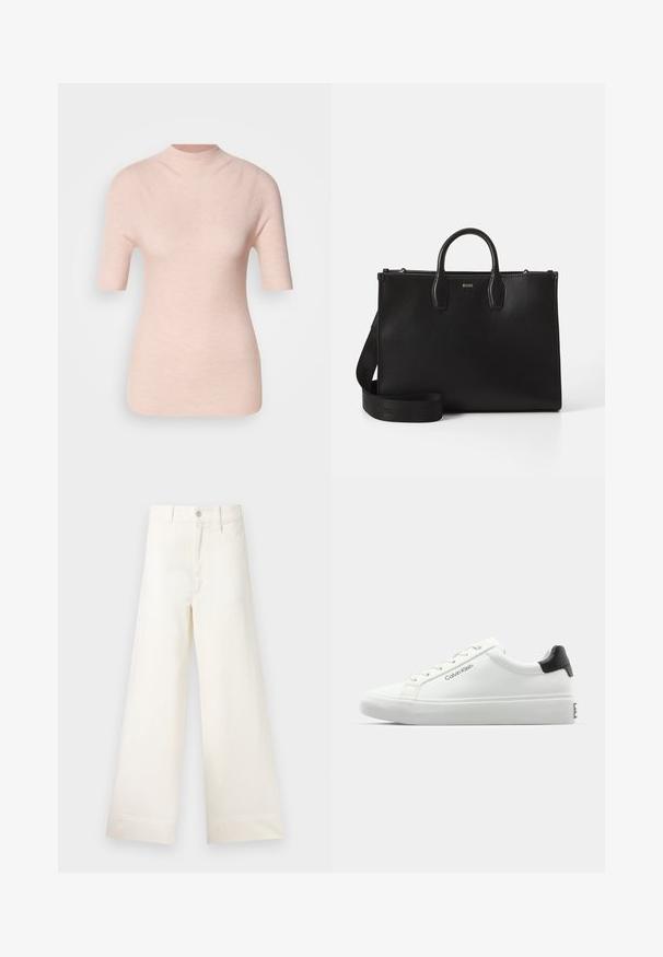Světle růžový krátký rukáv top s vysokým výstřihem, zdobený texturovaným žebrovaným vzorem na neutrálním pozadí.; Kalhoty s širokými nohavicemi v světle béžové bavlně. Mají vysoký pas, přední kapsy a rovný střih. Čistý lem bez vzorů.; Bílé tenisky s hladkým povrchem, černým akcentem na patě a šněrovacím designem. Na boku mají značku "Calvin Klein". Minimalistický styl.; Černá kožená kabelka s dvěma horními uchy a odnímatelným ramenním popruhem. Disponuje hladkou strukturou a minimalistickým designem s jemným logem.