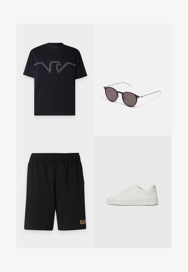 Emporio Armani Print T-shirt - navy; Black athletic shorts made of soft fabric,Featuring an elastic waistband and a small yellow EA7 logo on the lower left leg.; White leather sneaker with a smooth finish, round toe, flat laces, and a textured sole. Features a subtle logo on the heel.; Black round sunglasses with dark lenses and slim metal arms. Includes clear temple tips and silver accents at the hinge. Minimalist design.