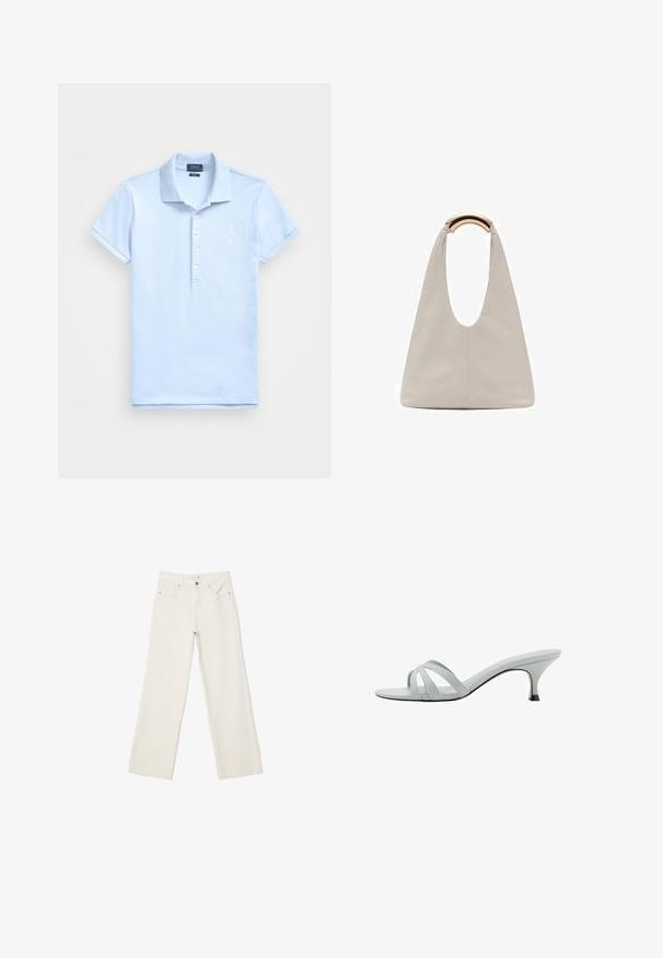 Svetlo modra polosrajca iz mehkega bombaža. Ima ovratnik, kratke rokave, zapenjanje na tri gumbe in majhen bel logotip na prsih.; Beli široki traper hlače, izdelane iz denima, z visokim pasom, sprednjimi žepi in gumbnim zapiranjem. Čista zasnova z minimalnimi detajli.; Svetlo sivi sandali s petom s tremi ukriženim trakama, vitkim oblikom i suženom petom. Glatka tekstura s lagano sjajnim završetkom.; Svetlo siva usnjena torba z U-oblika zasnovo in ukrivljenim kovinskim ročajem. Gladka tekstura z minimalnim šivom in brez vidnih vzorcev.