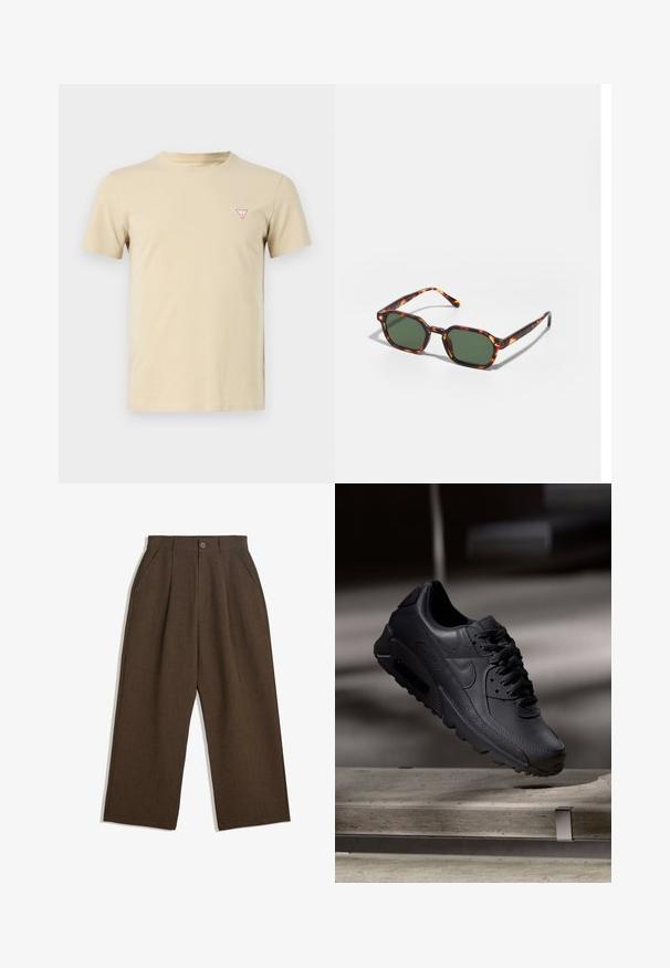 Beige Baumwoll-T-Shirt mit Rundhalsausschnitt, kurzen Ärmeln und einem kleinen roten Dreieck-Logo auf der linken Brust. Schlichtes Design, weiche Textur.; Braune Plisseehosen mit weitem Bein, ausgestattet mit einem Knopfverschluss und seitlichen Taschen, aus strukturiertem Stoff, der sich gut für Freizeitkleidung eignet.; Schwarze Nike Air Max Sneaker mit einem strukturierten Leder-Obermaterial, Gummisohle und auffälligem Schnürsystem, das ein schlankes, modernes Design präsentiert.; Schildpatt-Sonnenbrille mit grünen Gläsern, in einer achteckigen Form und schlanken, gebogenen Bügeln. Das Material hat eine glänzende Oberfläche.