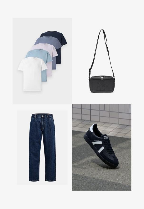 Cinque t-shirt a girocollo di colori diversi: bianco, azzurro, lilla, blu scuro e blu navy. Realizzati in cotone con maniche corte.; Jeans in denim blu scuro con design a gamba dritta. Presentano cuciture visibili, una chiusura con bottone e pieghe frontali per un tocco di dettaglio in più.; Sneaker neri in pelle con strisce bianche, suola in gomma texturizzata e allacciatura frontale. Presenta un'etichetta con il marchio sulla linguetta.; Borsa a tracolla nera in pelle con chiusura zip, logo impresso sul davanti e tracolla regolabile. Texture liscia con forma rettangolare.