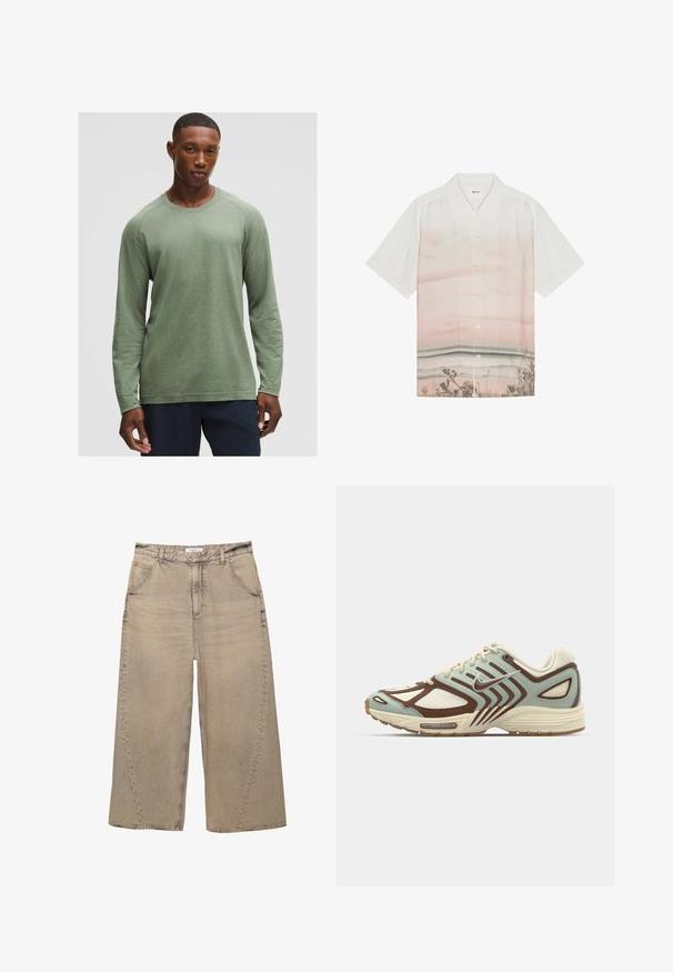 Pitkähihainen paita hillityn vihreänä, jossa on teksturoitu kuosi, pyöreä pääntie ja raglan-hihat, valmistettu pehmeästä ja kevyestä kankaasta.; Lyhythihainen paita valkoisesta kankaasta, jossa on vaaleanpunaista sävyä sisältävä gradienttisuunnittelu ja rannalta näyttävä printti alareunassa. Napitus.; PULL&BEAR MEGA BAGGY - Baggy-farkut - light grey; Vaaleansininen ja ruskea lenkkari, jossa on teksturoitu verkkomateriaali, kerrostettu muotoilu, heijastavat yksityiskohdat ja pehmustettu kermavärinen välikerros.
