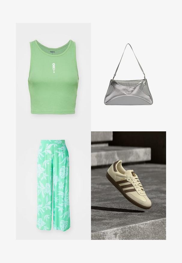 Ribana mint zelena kratka majica s okruglim izrezom. Na prednjem dijelu se nalazi bijeli logo "OBEY" centriran. Tkanina ima mekan, teksturiran izgled.; Svetlozeleni široki hlače z belim cvetličnim vzorcem. Narejene iz teksturiranega materiala, z elastiko v pasu in ohlapnim krojem.; Superga v kremni barvi z rjavimi poudarki, teksturiranimi stranskimi črtami in gladkim usnjenim zaključkom. Ima zavezovanje z vezalkami in gumijast podplat.; Srebrna metalna torbica z elegantno, strukturirano zasnovo, ki ima teksturirano telo, naramnico in embosiran logotip.