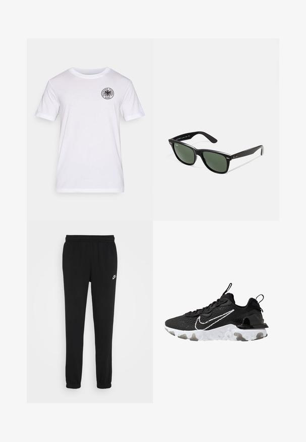 White cotton t-shirt with short sleeves, featuring a circular black logo on the left chest reading "Deutscher Fußball Bund."; Black sweatpants with an elastic waistband, cuffed ankles, and a small white Nike logo on the left side. Made from soft textured fabric.; Black athletic shoe with a textured fabric upper, white Nike swoosh, and thick white sole. Features a pull tab on the heel for easy wear.; Black plastic sunglasses with green lenses, square frames, silver accent on the brow, and textured temple arms. Stated brand on inner arm.