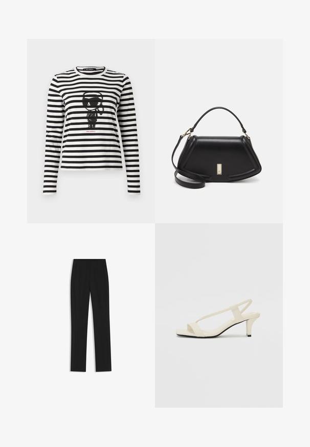 Mustat ja valkoiset raidalliset pitkähihaiset T-paidat puuvillasta. Keskellä on kuvio henkilöstä, joka käyttää aurinkolaseja, ja alapuolella lukee "Karl Lagerfeld".; Mustat räätälöidyt housut suoran lahkeen designilla, joissa on etutaskut ja sileä, teksturoitu kangas. Siistit, minimalistiset yksityiskohdat.; Beige sandaalit, joissa on loiva korko, ohuet hihnat ja neliönmallinen varvasosa. Sileä materiaali, jossa on minimaalista yksityiskohtaa, suunniteltu helppokäyttöiseksi.; Mustalla nahkalaukulla, jossa on jämäkkä muotoilu, lyhyt malli, yläkahva ja kultaiset yksityiskohdat. Säädettävä olkahihna sisältyy.