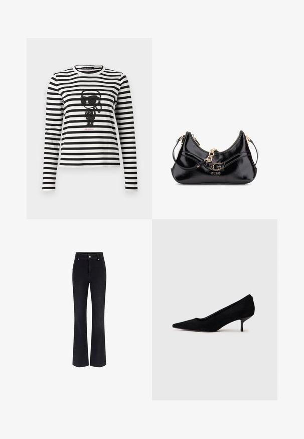 Long-sleeve, striped T-shirt in black and white cotton. Features a central graphic of a character wearing sunglasses, with "Karl Lagerfeld" text below.; Black denim flared jeans featuring a high waist, five-pocket design, and metallic button accents on the sides. Smooth texture and classic fit.; Black suede high heel shoe with a pointed toe and a slim, low heel. Smooth texture with a sleek design, featuring no visible hardware.; Black patent leather bag featuring a curved design, gold hardware accents, and a prominent logo. Includes a removable shoulder strap.