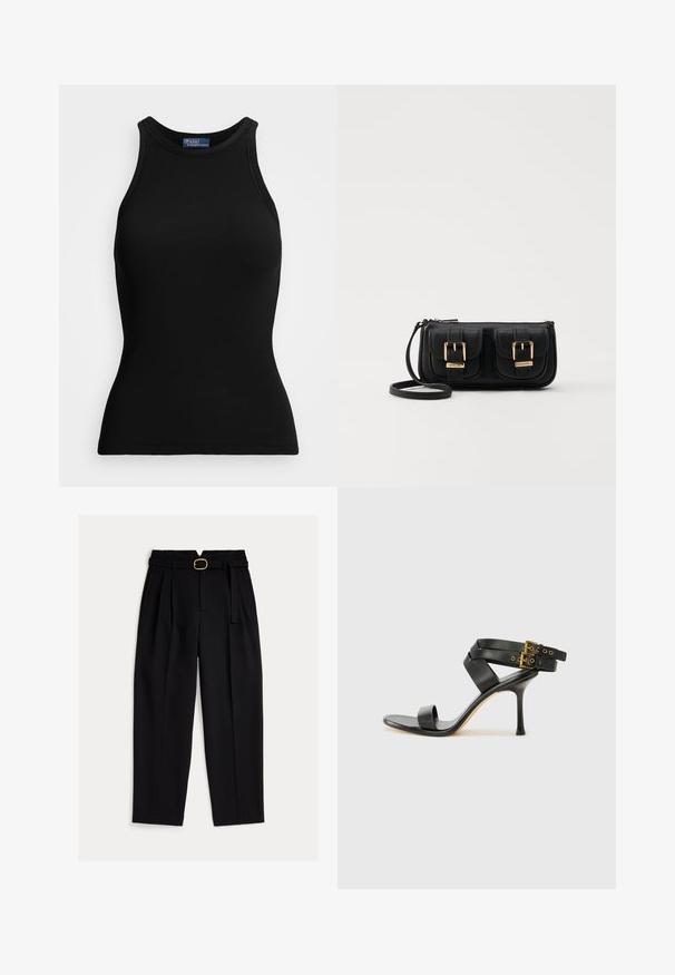 Polo Ralph Lauren RIB KNIT COTTON TANK - Toppi - black; Musta, korkeavyötäröiset housut, joissa on vyötäröllä vyö, edessä laskokset ja leveät lahkeet. Valmistettu sileästä kankaasta klassisella leikkauksella.; Mustat korot kengät, joissa on ristikkäiset hihnat ja säädettävä solki. Ominaisuuksiin kuuluu sileä pinta ja kapeneva stilettokorko.; Musta nahkainen olkalaukku, jossa on kaksi etutaskua, kultaiset soljet, vetoketjukiinnitys ja kapea hihna. Teksturoidun pinnan ja kompaktin suorakaiteen muoto.