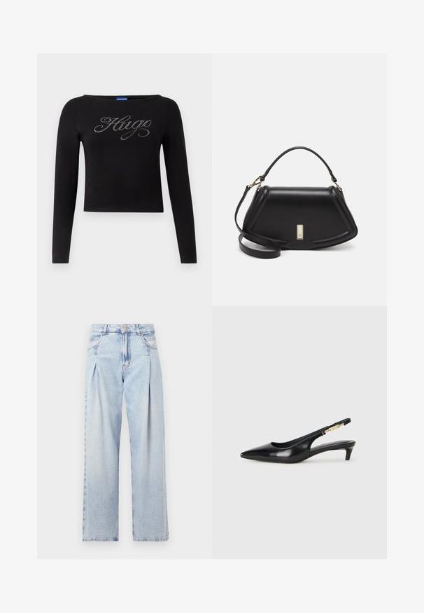 Fekete, hosszú ujjú felső, rövidített fazonnal és ezüst strasszkövekből készült "Hugo" logóval az elején. Rugalmas anyagból készült.; Világoskék farmernadrág magas derekú, bő szabású, két oldalsó zsebbel és pliszírozott dizájnnal. Puha tapintású, elhalványított felület.; Fekete bőr slingback magassarkúk, hegyes orral, vékony sarkakkal és arany színű részlettel a állítható pánton. Simа felület.; Fekete bőr kézitáska, strukturált dizájnnal, rövidített formával, felső fogantyúval és arany színű kiegészítőkkel. Állítható vállpánt is tartozik hozzá.