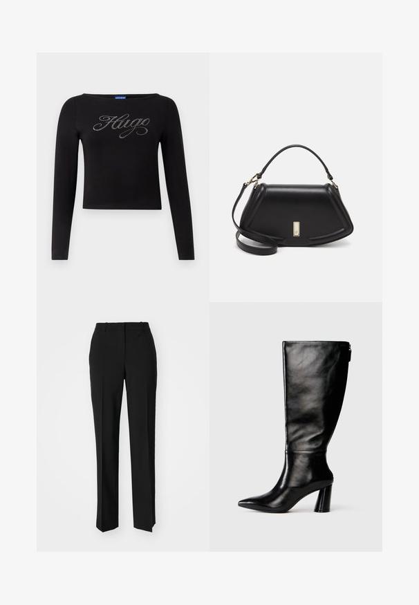Zwarte top met lange mouwen en een cropped ontwerp, met het "Hugo" logo in zilveren strasssteentjes op de voorkant. Gemaakt van rekbaar materiaal.; Zwarte op maat gemaakte broek met een recht model, voorzien van een soepele textuur en scherpe plooien aan de voorkant. Geen zichtbare hardware.; Zwart leren laars tot de knie met een puntige neus, gladde textuur en een chunky hak. Bevat een ritsdetail aan de achterkant.; Zwarte leren handtas met een gestructureerd ontwerp, featuring een verkorte vorm, bovenhandvat en gouden hardwareaccent. Inclusief verstelbare schouderband.