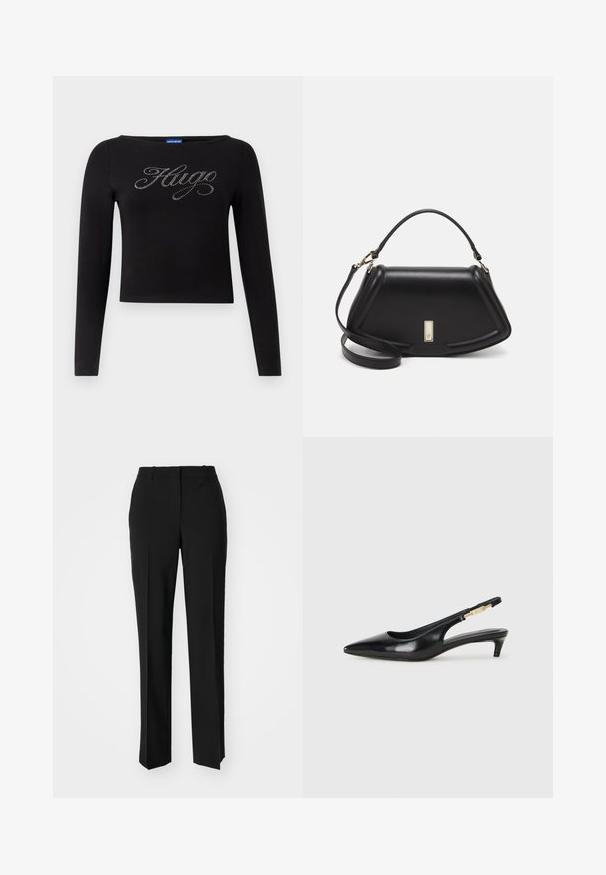 Svart langermet topp med en kortet design og "Hugo"-logo i sølv rhinestones på forsiden. Laget av elastisk materiale.; Sorte skreddersydde bukser med rett silhuett, med en glatt tekstur og klare pressede bretter foran. Ingen synlig maskinvare.; Sorte lærreim hæler med spiss tå, som har en slank hæl og en gullfarget detalj på den justerbare stroppen. Glatt tekstur.; Sort lærveske med en strukturert design, som har en avkortet form, topphåndtak og detaljer i gull. Justerbar skulderstropp inkludert.