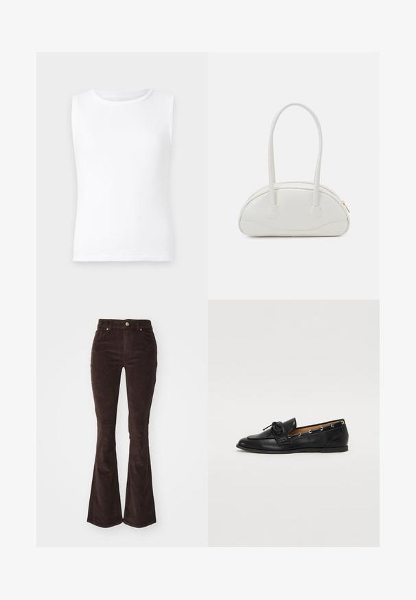White sleeveless t-shirt made of cotton, featuring a round neckline and a smooth, soft texture. Straight cut hem with no additional details.; Vero Moda VMFLASH FLARED PANTS - Trousers - chocolate torte; Black leather loafers with a tied bow, featuring gold eyelet accents along the sides and a flat rubber sole. Smooth texture, classic design.; Even&Odd Handbag - off-white
