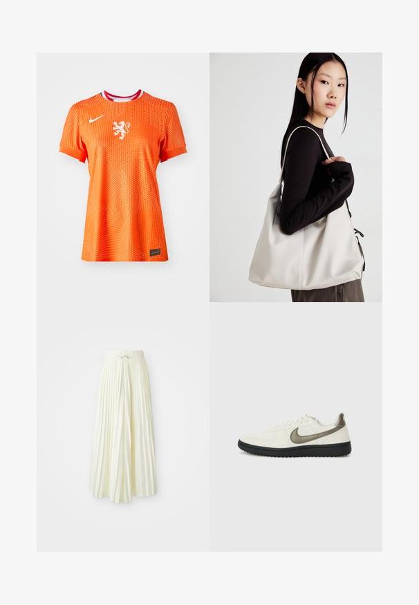 Maillot de football Nike orange à manches courtes, orné d'un emblème de lion blanc, d'une texture à pois et d'un accent de col rouge et bleu.; Jupe midi plissée en tissu jaune clair, dotée d'une taille élastique avec un lien, texture lisse et rayures verticales pour plus de détails.; Nike Sportswear FIELD GENERAL - Baskets basses - off-white/black; Sac à main beige en matériau souple, avec un design décontracté, des détails cousus et deux poignées. Idéal pour un usage quotidien.