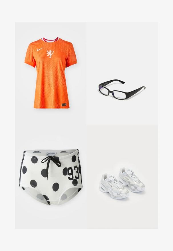 Orange Nike fodboldtrøje med korte ærmer, prydet med et hvidt løveemblem, prikket tekstur og en kraveaccent i rød og blå.; Sort-hvide polkaprikkede svømmedragter med elastisk waistband og snørelukning, prydet med tallet "93" på forsiden og lavet af et glat, strækbart stof.; Hvide atletiske sko med en mesh-overdel og sølvfarvede accenter, en unik form og luftdæmpning i hælen. Snørebåndsdesign med logo.; Sorte rektangulære briller med klare linser. Blank finish, smalle stænger, og lilla nuance synlig i kanterne af linsen.